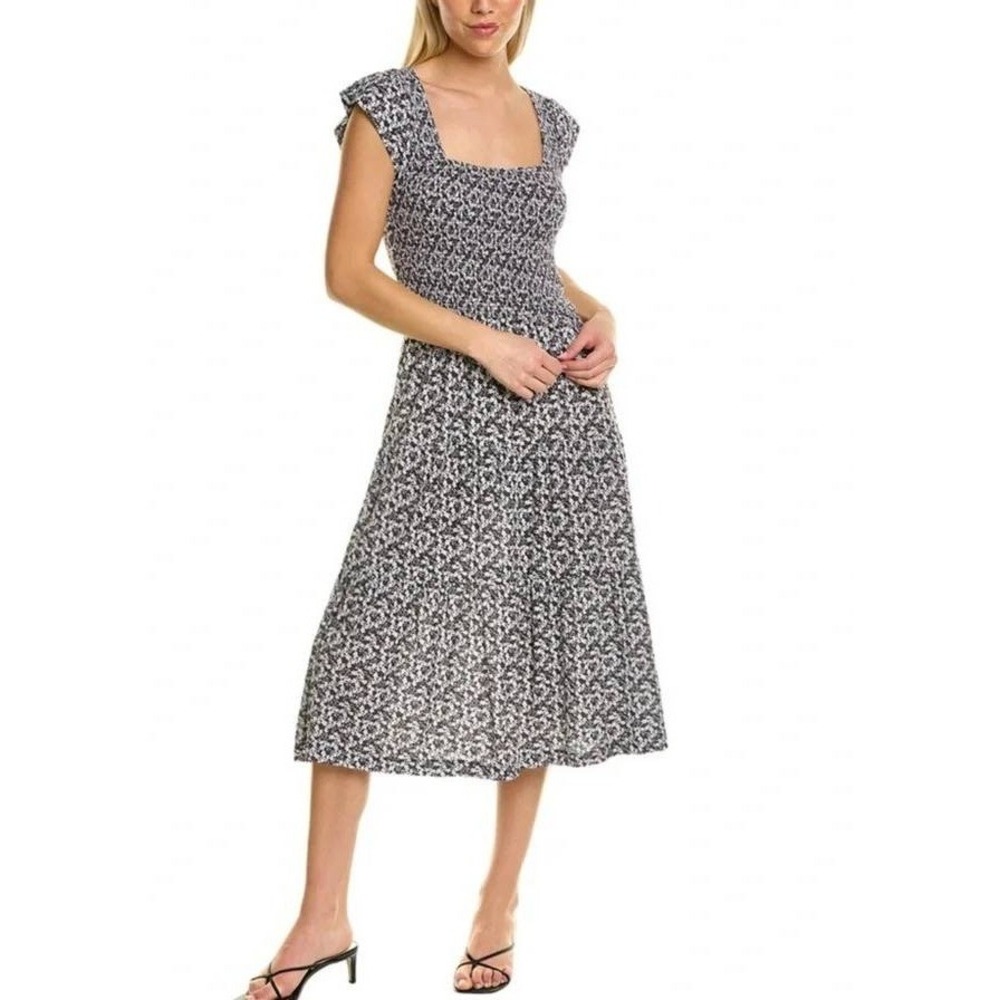 Nation LTD Black White Floral Smocked Pima Cotton Tiered Midi Dress Women Size M